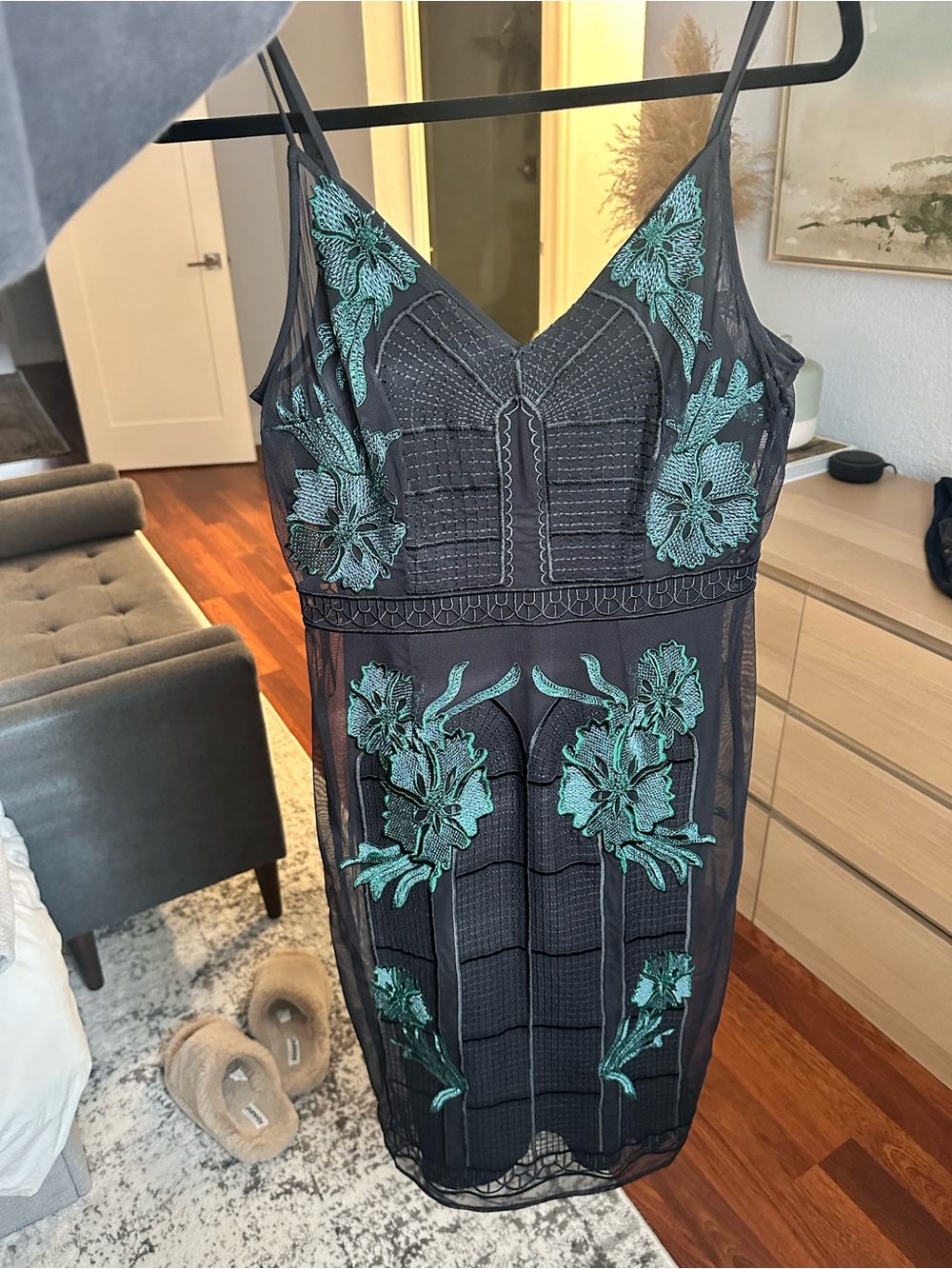 Guess Black Midi Dress with Teal Floral Embroidery